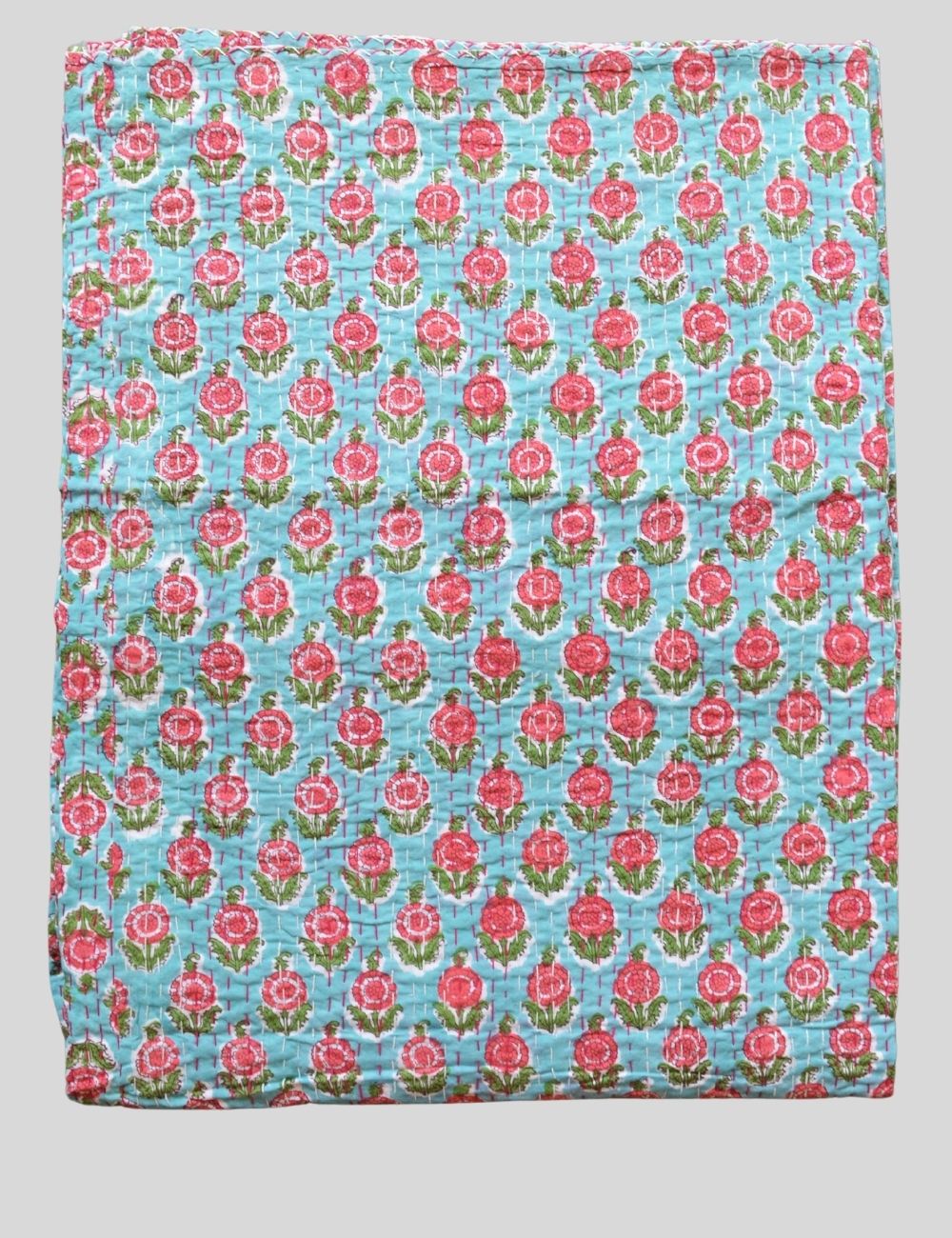 Cotton Kantha Quilt Jaipuri Block Print Fabric Reversibel Blanket