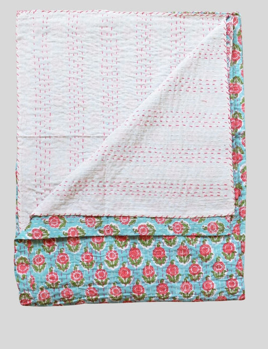 Cotton Kantha Quilt Jaipuri Block Print Fabric Reversibel Blanket