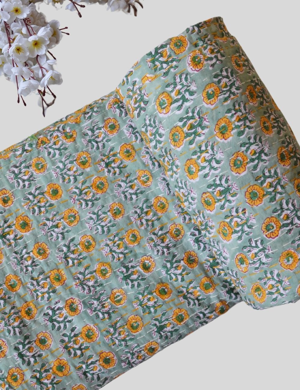 Kantha Throw Blanket Quilt Pure Cotton Bedspread Floral Print Indian Gudari