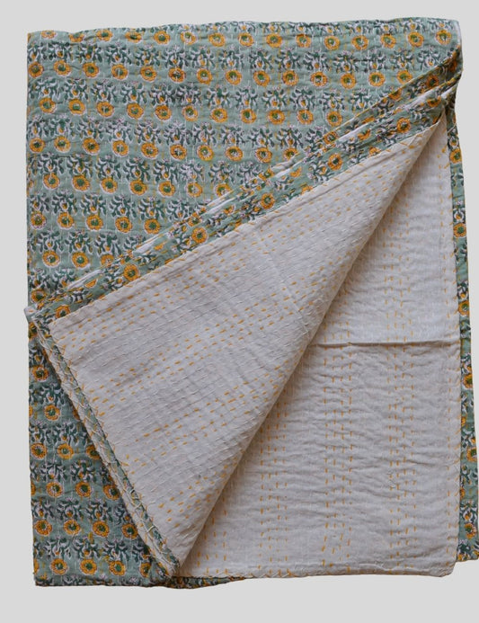 Kantha Throw Blanket Quilt Pure Cotton Bedspread Floral Print Indian Gudari