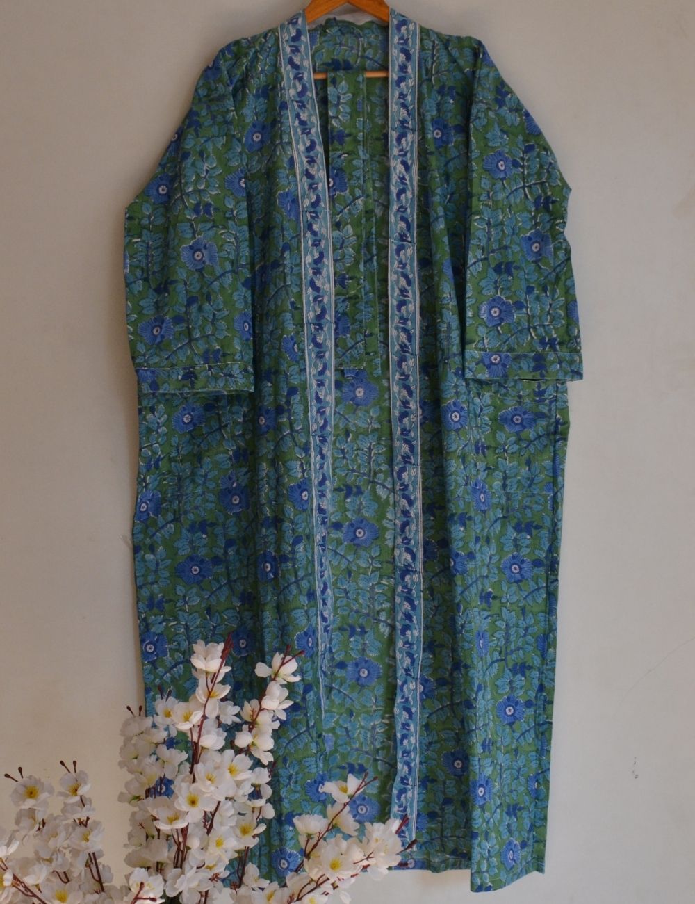 Floral Block Print Cotton Bathrobe & Beach Cover Up