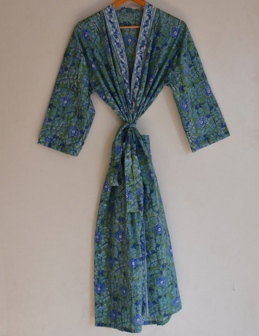 Floral Block Print Cotton Bathrobe & Beach Cover Up