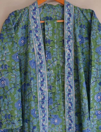 Floral Block Print Cotton Bathrobe & Beach Cover Up