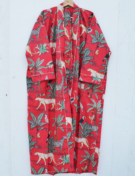 Red Animal Print Pure Cotton Sleepwear Longewear Kimono