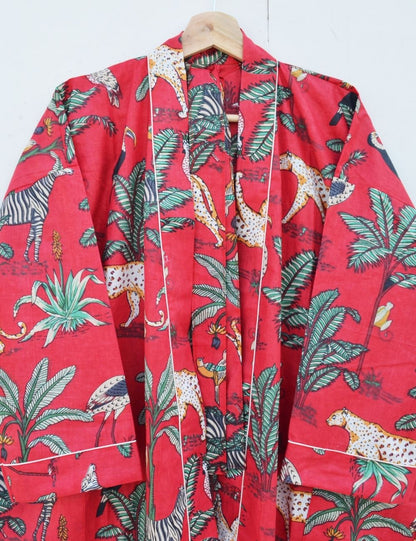 Red Animal Print Pure Cotton Sleepwear Longewear Kimono