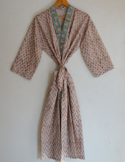 Indian Hand Block Print Long wear Cotton Bathrobe Kimono