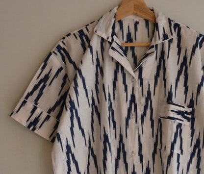 Indian Handmade Cotton Shirt With Short Wear Night Dress Pajama Set Hand Block Blue Ikat Night Dress Women Cotton Night Dress