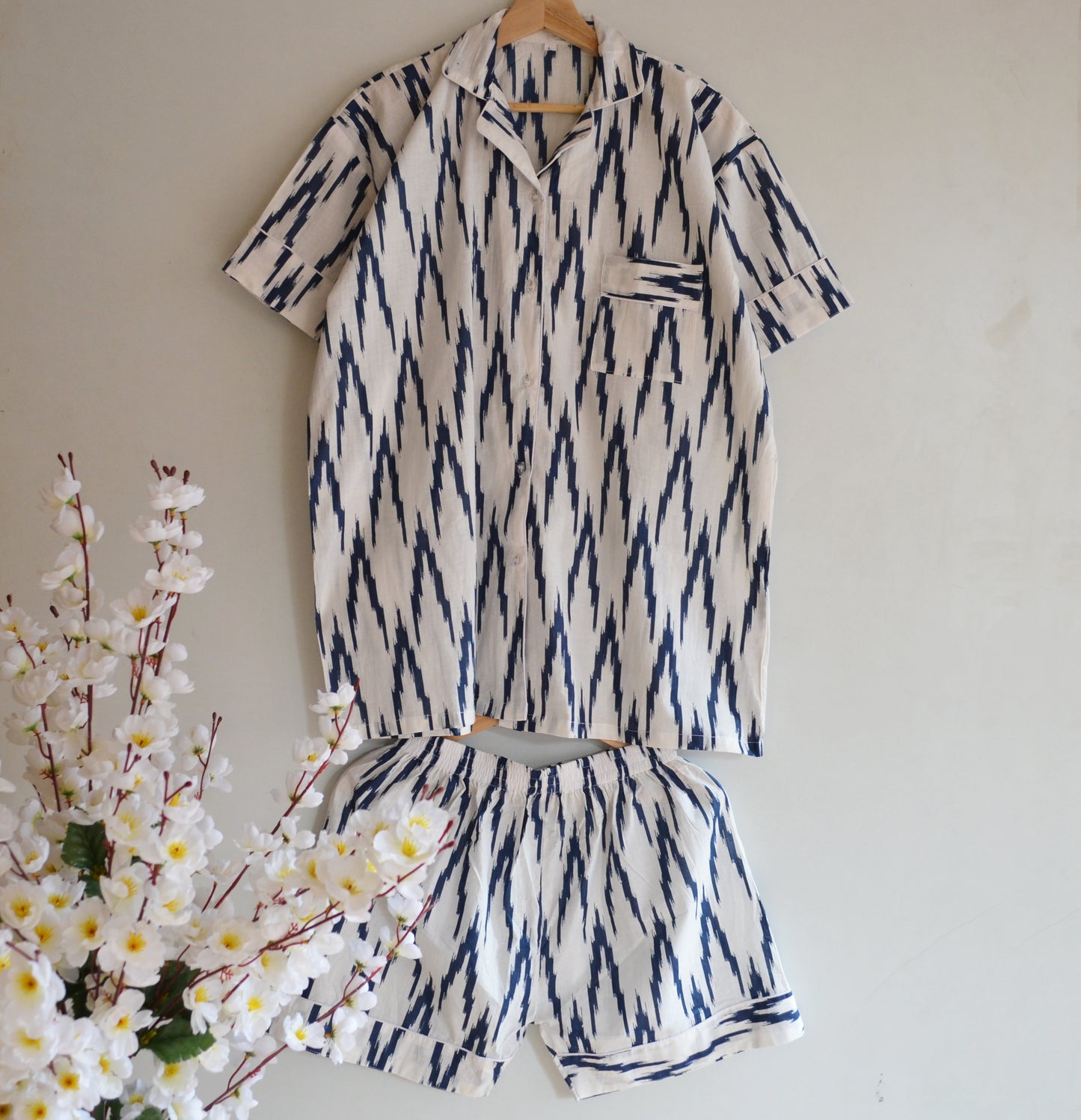 Indian Handmade Cotton Shirt With Short Wear Night Dress Pajama Set Hand Block Blue Ikat Night Dress Women Cotton Night Dress