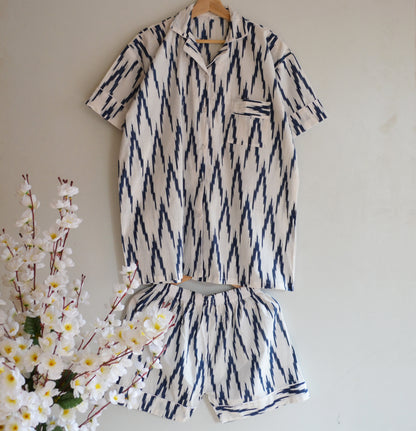 Indian Handmade Cotton Shirt With Short Wear Night Dress Pajama Set Hand Block Blue Ikat Night Dress Women Cotton Night Dress