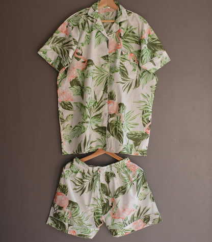 Bohemian Summer Cotton Pj Set Flamingo Print Women's Short Night Dress