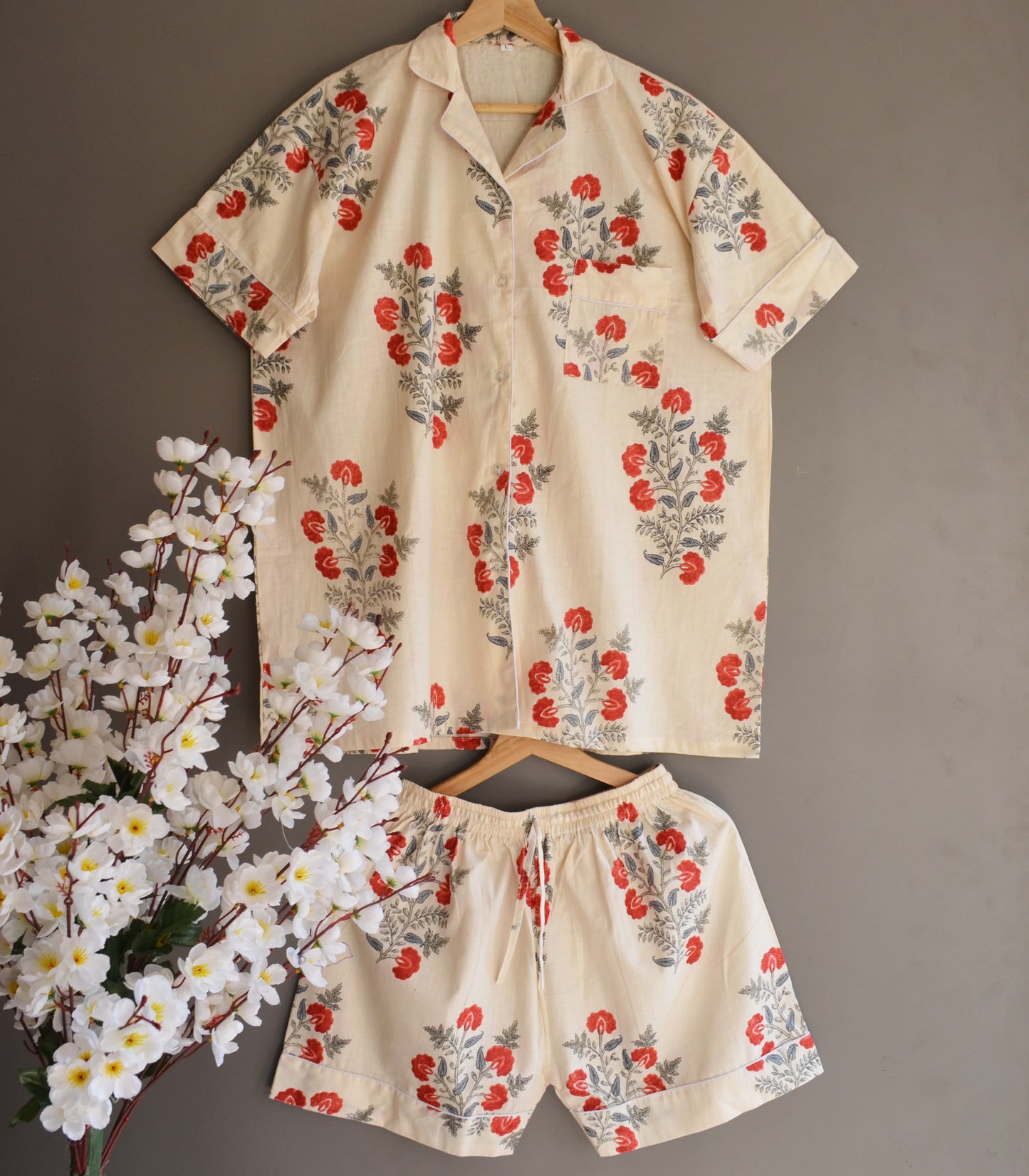 Short Sleeves Indian Handmade Floral Print Cotton Night Dress Summer Boho Pj Sets