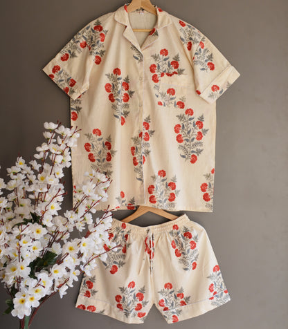 Short Sleeves Indian Handmade Floral Print Cotton Night Dress Summer Boho Pj Sets