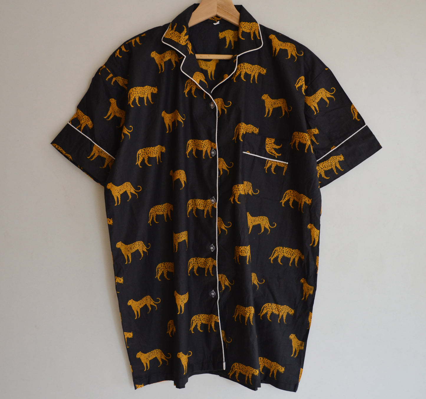 Hand Block Print Cotton Pajama Set: Animal Indian PJs Short Sleeves Shirt With Short And Treval Pouch