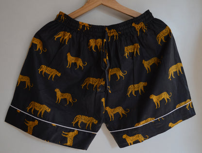 Hand Block Print Cotton Pajama Set: Animal Indian PJs Short Sleeves Shirt With Short And Treval Pouch