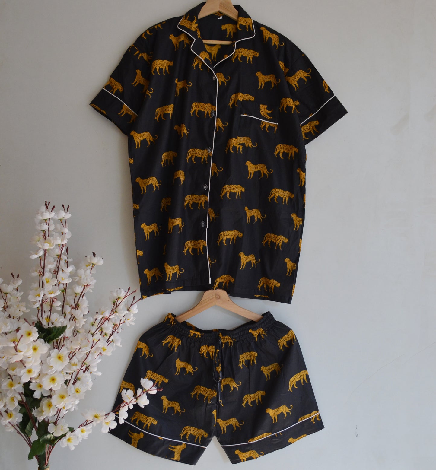 Hand Block Print Cotton Pajama Set: Animal Indian PJs Short Sleeves Shirt With Short And Treval Pouch