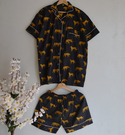 Hand Block Print Cotton Pajama Set: Animal Indian PJs Short Sleeves Shirt With Short And Treval Pouch