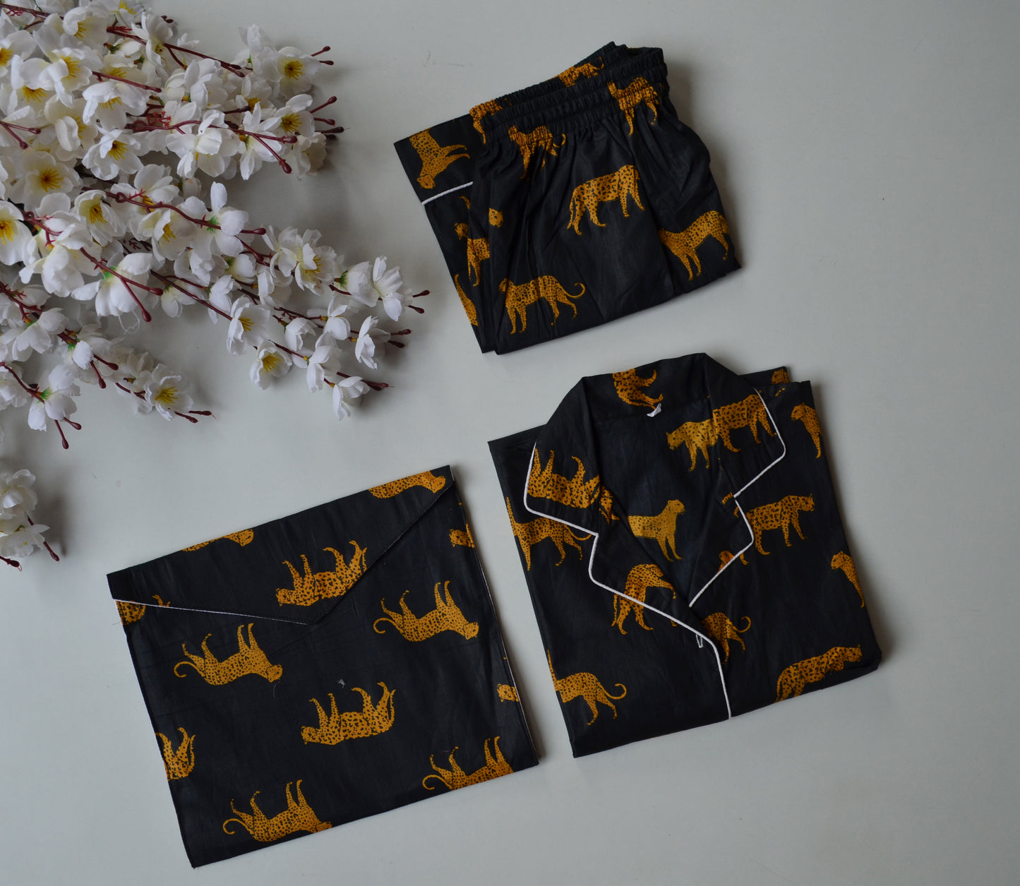 Hand Block Print Cotton Pajama Set: Animal Indian PJs Short Sleeves Shirt With Short And Treval Pouch