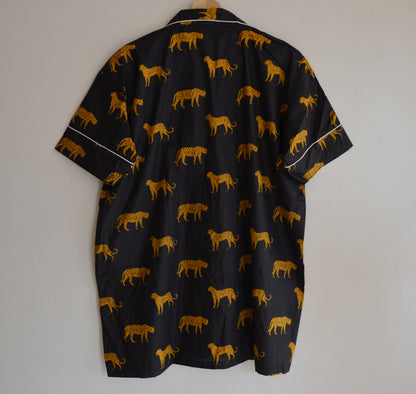 Hand Block Print Cotton Pajama Set: Animal Indian PJs Short Sleeves Shirt With Short And Treval Pouch
