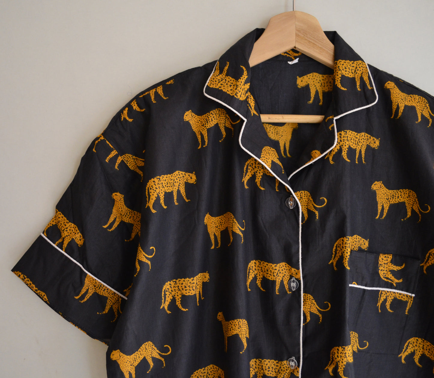 Hand Block Print Cotton Pajama Set: Animal Indian PJs Short Sleeves Shirt With Short And Treval Pouch
