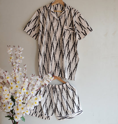 India Hand Printed Ikat Print Beautiful Short Night Dress For Women Bridesmaid Night Bride To Be Party Cotton Pj Set