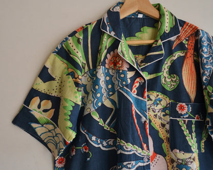 Indian Handmade Bird Print Night Dress Beautiful Summer Pjs High Quality Cotton Pajamas Hand Block Print Night Light Weight Comforter
