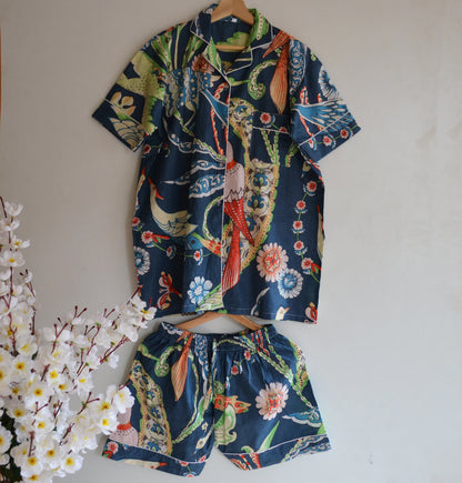 Indian Handmade Bird Print Night Dress Beautiful Summer Pjs High Quality Cotton Pajamas Hand Block Print Night Light Weight Comforter