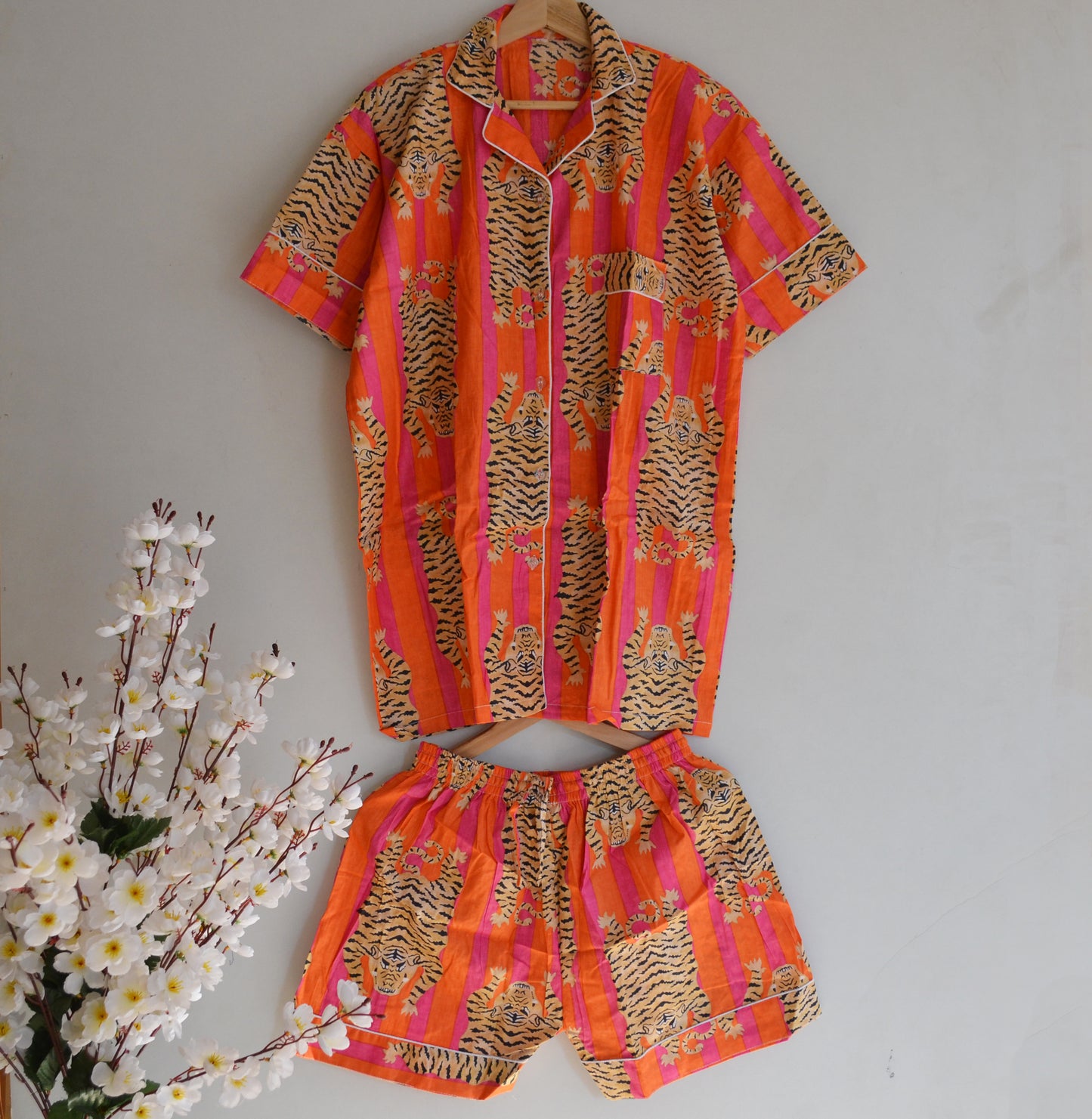 Block Animal Print Short Cotton Pajamas Set : Light Weight Boho Summer Casual Women Pjs