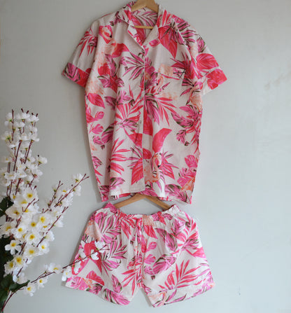 Pink Flamingo Indian Cotton Fabric Night Wear Loose Fit Relaxed Short Summer Women's Pj Set