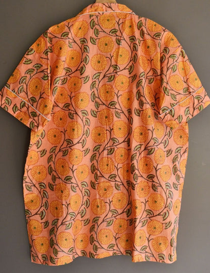 Orange Floral Print Cotton Night Dress Screen Print