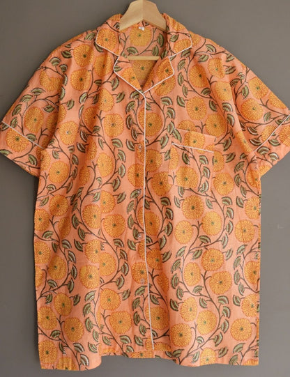 Orange Floral Print Cotton Night Dress Screen Print