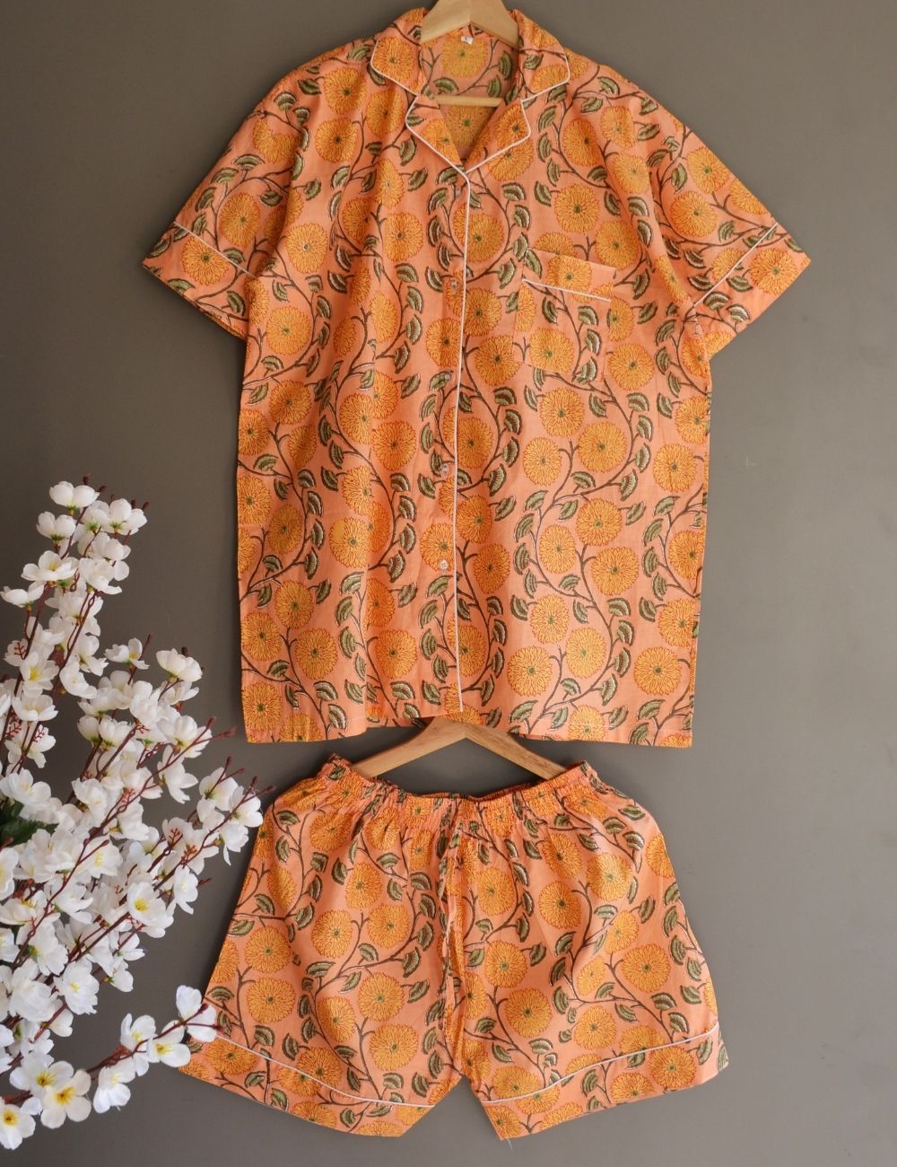 Orange Floral Print Cotton Night Dress Screen Print