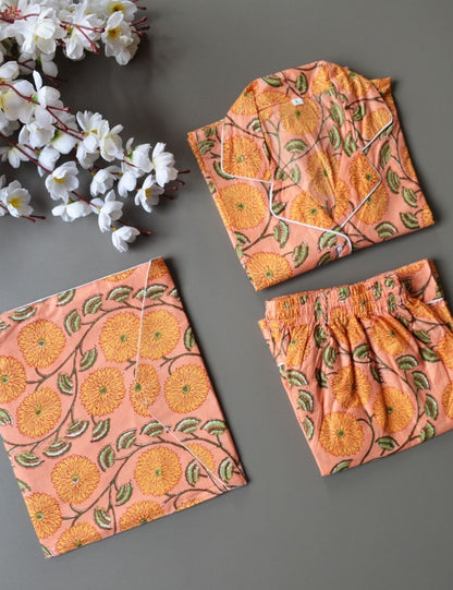 Orange Floral Print Cotton Night Dress Screen Print