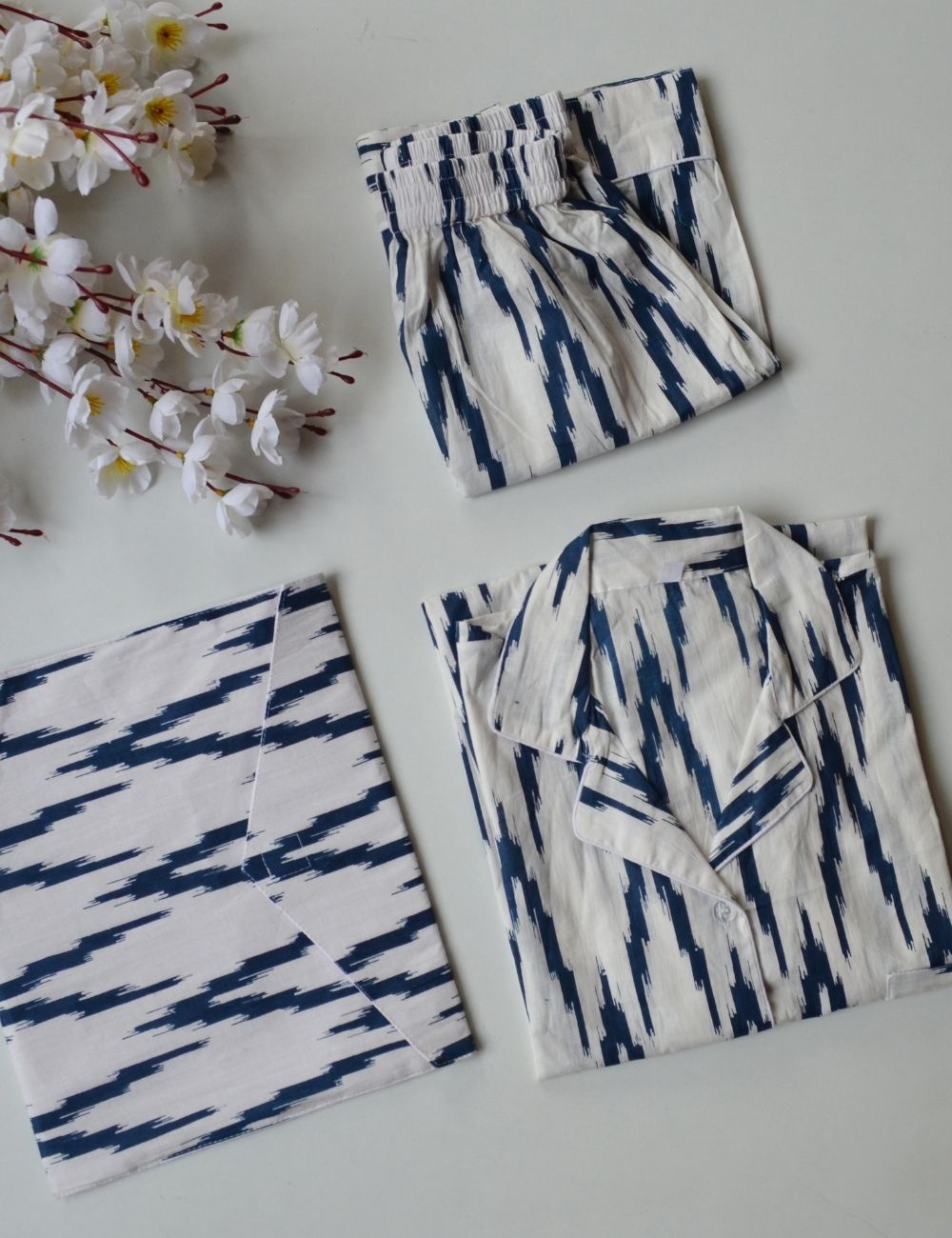 Blue Ikat Print Women Pj Set Luxury Hand Printed Night Suit