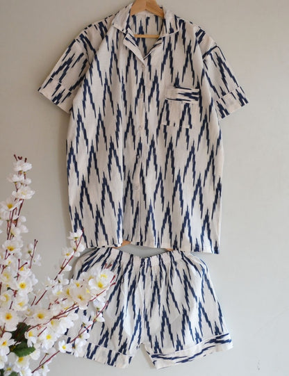 Blue Ikat Print Women Pj Set Luxury Hand Printed Night Suit