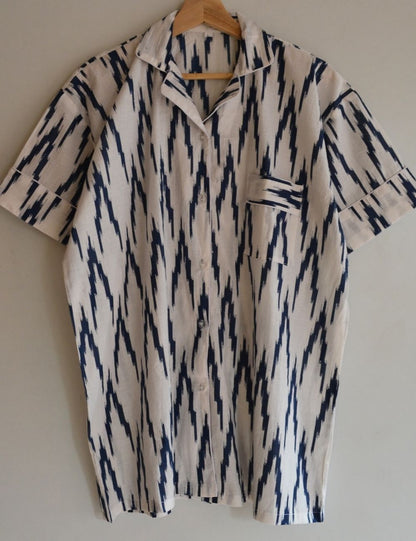 Blue Ikat Print Women Pj Set Luxury Hand Printed Night Suit