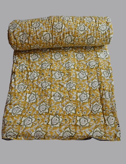 Indian Handmade Bagru Floral Print Cotton Quilt