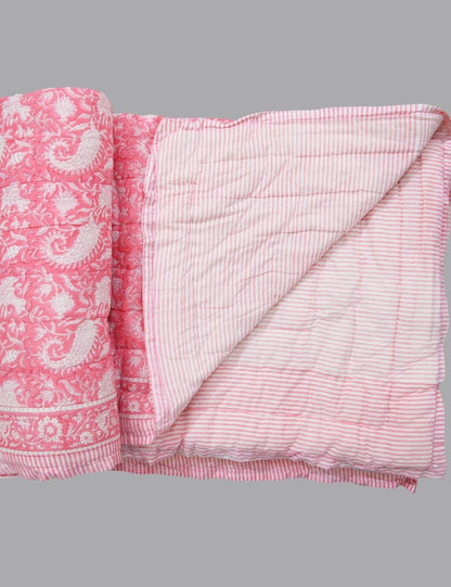 Paisely Print Pink Beautiful Indian Cotton Quilt For Winter Warm Blanket