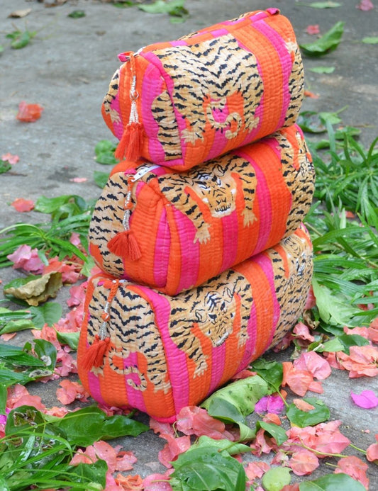 Indian Cotton Tiger Block Print Toiletry Bag Vintage Makeup & Travel Bag Quilted Wash Bag