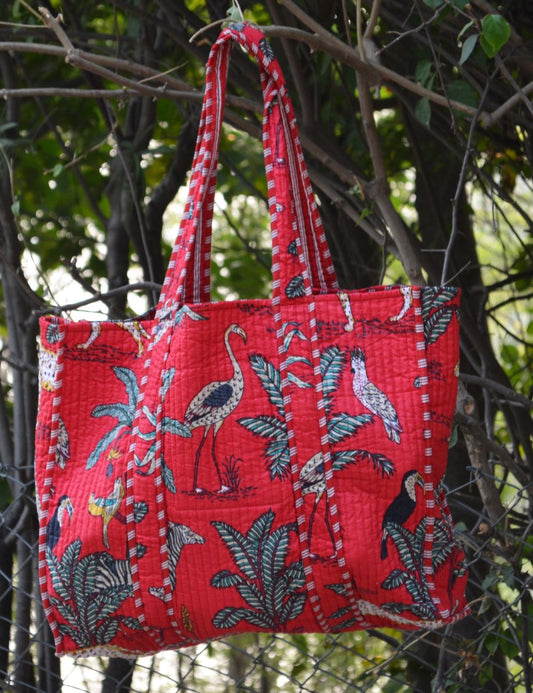 Red Jungle Print Cotton Women's Shopping Bag