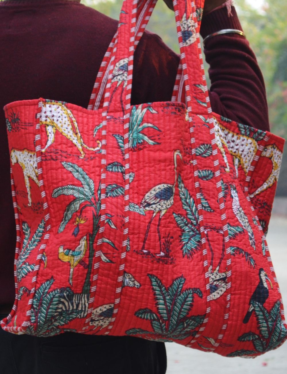 Red Jungle Print Cotton Women's Shopping Bag