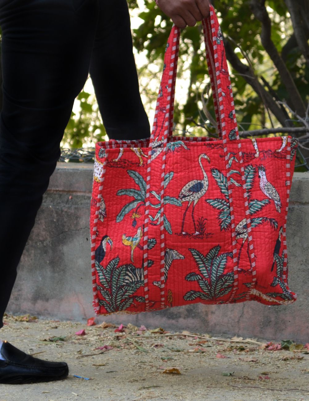 Red Jungle Print Cotton Women's Shopping Bag