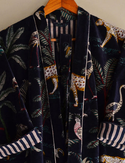 Unisex Long Velvet Robes For Winter Cardigan Jungle Print