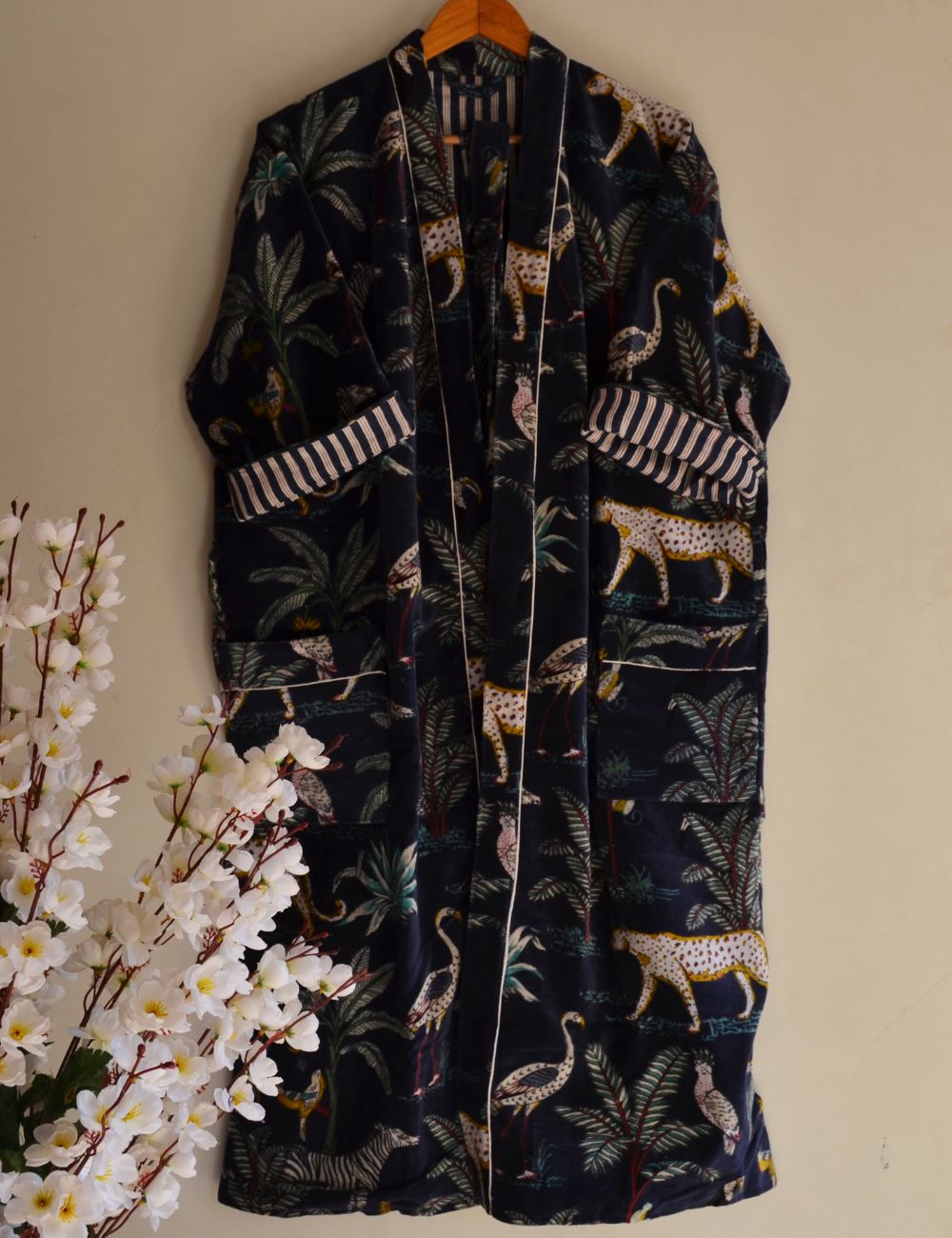 Unisex Long Velvet Robes For Winter Cardigan Jungle Print