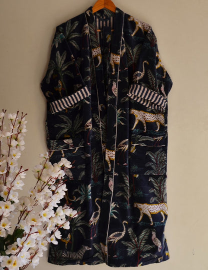 Unisex Long Velvet Robes For Winter Cardigan Jungle Print