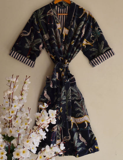 Unisex Long Velvet Robes For Winter Cardigan Jungle Print