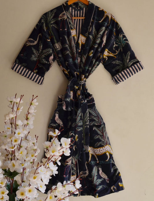 Unisex Long Velvet Robes For Winter Cardigan Jungle Print