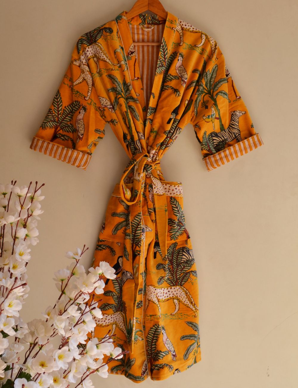 Jungle Print Yellow Velvet Robes Winter Bridal Bathrobes