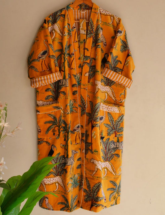 Jungle Print Yellow Velvet Robes Winter Bridal Bathrobes