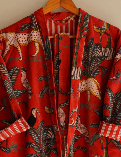 Red Jungle Print Velvet Kimono Morning Tea Velvet Coat Christmas Gift