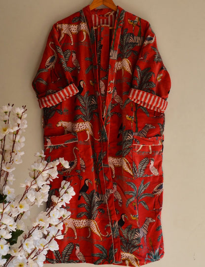 Red Jungle Print Velvet Kimono Morning Tea Velvet Coat Christmas Gift